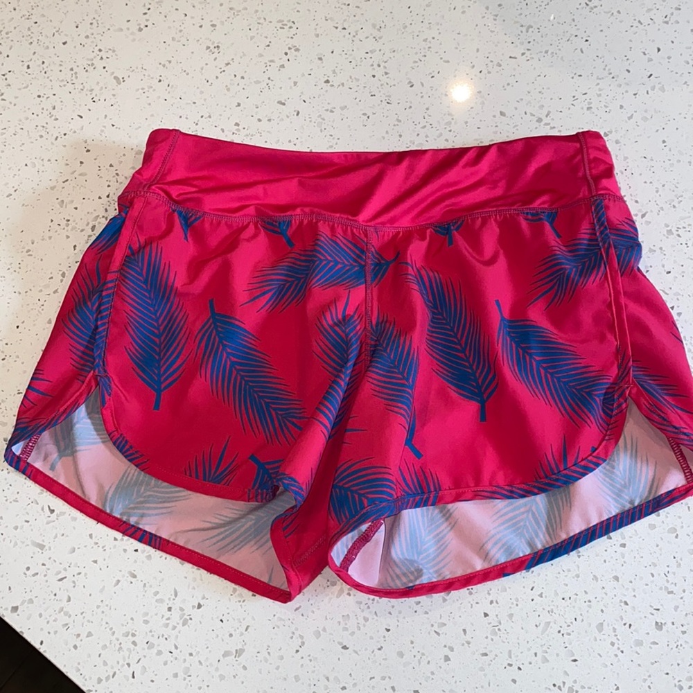 Women's Athletic Shorts - Hot Pink with Blue Leaf Print